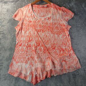 Cato Womens XL Orange White Burnout Ruffle Hem Top Blouse Boho Artsy Summer Vibe